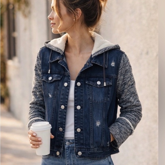 Free People Denim Jacket Blue Knit Sleeve Hooded Distressed Jean Women's XS - Picture 1 of 13